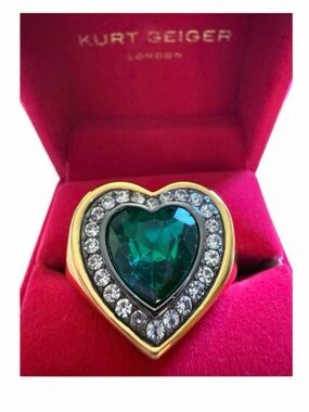 Kurt Geiger Gold Tone Heart Ring with Emerald Center-NWT